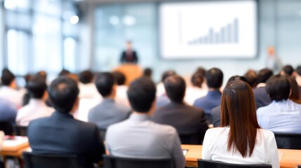 Fototapeta premium A business conference in a modern office building. The speaker is addressing a crowd of attendees, who are seated in rows of chairs.