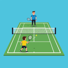 Fototapeta premium Two cartoon figures playing tennis on a green court, hitting a yellow ball.
