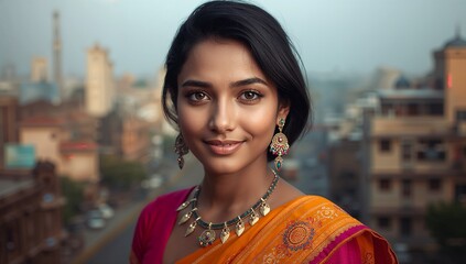 Portrait of the smiling woman wearing a colorful sari and ornate jewelry, standing outdoors against an urban cityscape backdrop during warm sunset light, captured within sharp focus