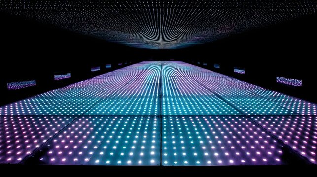 A mesmerizing pathway of vibrant LEDs, displaying a dynamic array of colors across a floor, creating a captivating visual experience.