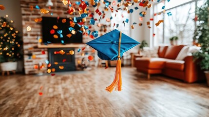 Graduation celebration at home.  Confetti falls around a graduation cap