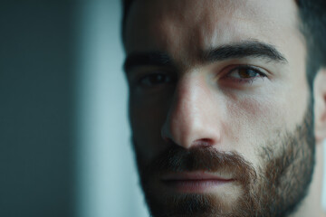 Obraz premium closeup of man face with beard expressing intense effort and deep emotions