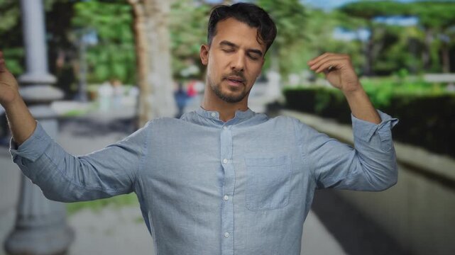 Young man making fun gestures mimicking speech in a city street surrounded by greenery and urban environment in daylight.