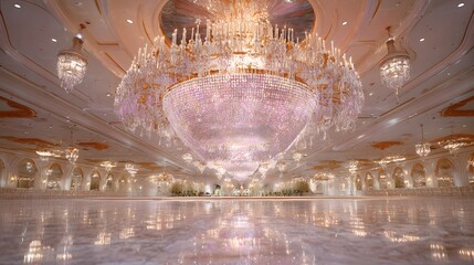 A grand ballroom, adorned with magnificent crystal chandeliers, reflects light across the polished floor.