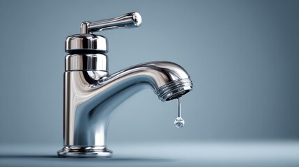 A silver faucet with a dripping water droplet against a light blue background.