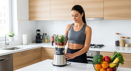 Smiling Fit Woman Making Colorful Fruit Smoothie in Modern Kitchen