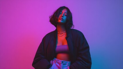 A young woman with short hair, wearing a black jacket and jeans, standing in front of a colorful neon light background.