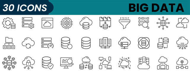 Big data line icon set. Includes database, data center, server, storage, hosting. Editable stroke. Vector illustration