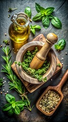 Obraz premium Herbs and spices in mortar with pestle and olive oil