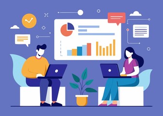 Two business people analyzing data and charts on their laptops in a modern office