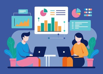 Business meeting with data analysis and presentation in office environment illustration