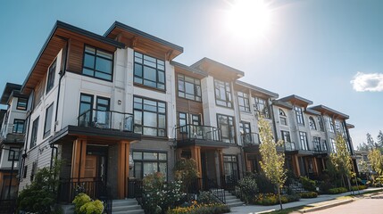 Naklejka premium Modern townhomes line a sunny street, showcasing a contemporary architectural design.