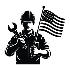 Proud american worker holding wrench and us flag symbolizing strength and patriotism