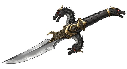 Fantasy dagger with three dragon heads on white background