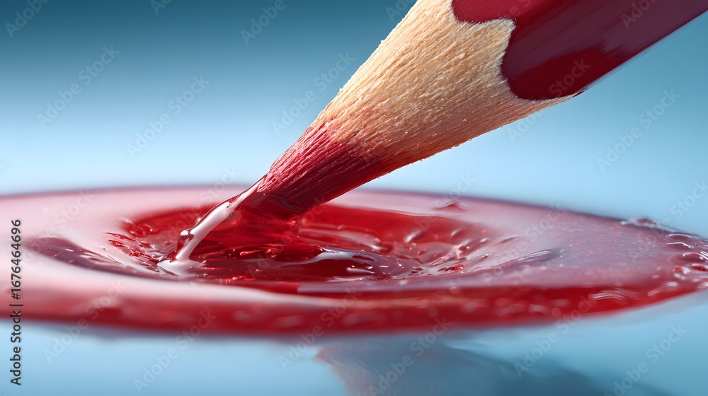 Poster a close-up view of a red colored pencil tip dripping crimson pigment onto a surface, creating vibran