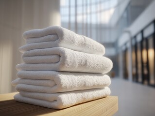 Stack of neatly folded white towels on wooden surface in modern spa or hotel setting