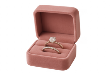 Wedding rings resting in open pink velvet box with transparent background