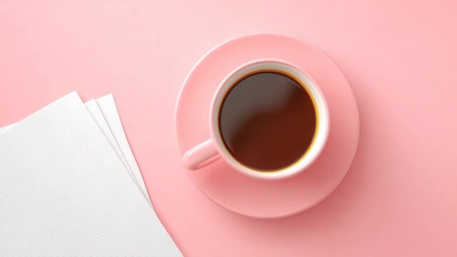 Coffee Cup Serenity: An overhead view of a pink coffee cup on a matching saucer, next to a stack of pristine, white papers, offering a sense of calm and focus. 