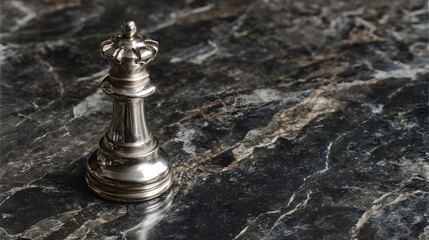 A polished silver chess queen piece stands elegantly on a dark, veined stone surface.