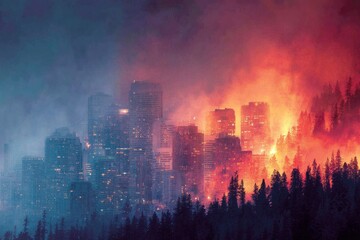 Obraz premium City vs. nature: a double exposure of urban life and wildfires. Summer smoke risks. Michigan faces unhealthy air as canadian wildfires intensify. Asthma awareness. Public health alert.