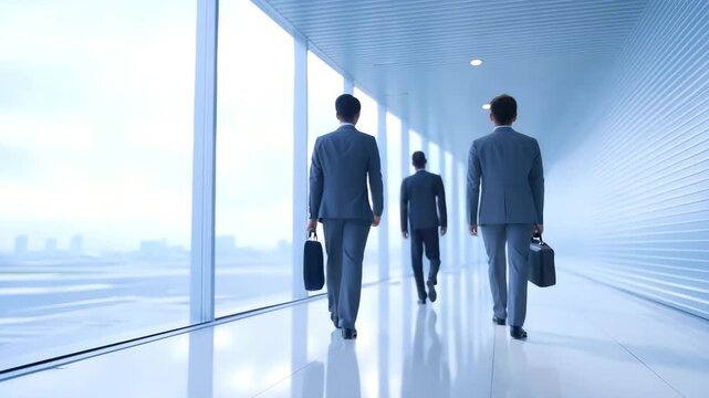Business Professionals' Promenade: Capturing the essence of modern business, three suited individuals stride confidently down a sleek, light-filled corridor.