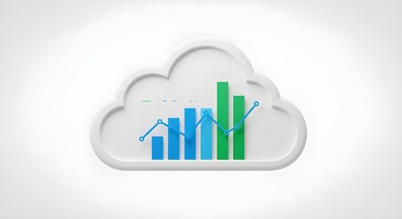 Cloud computing with blue and green bar chart and trendline on white background