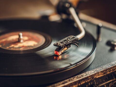 Close-up of a vintage turntable playing a vinyl record with stylus and tonearm in warm lighting