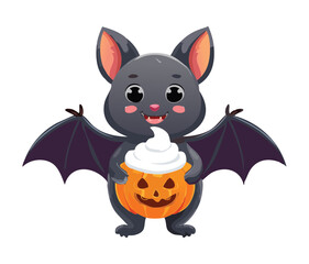 Adorable Bat Halloween Illustration Holding a Chocolate Cupcake, Perfect for Sweet and Spooky Celebrations