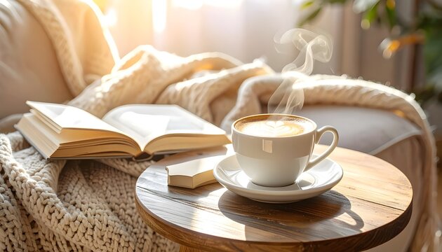 Cozy coffee corner with latte cup, open book, soft blanket and warm natural sunlight creating a relaxing morning lifestyle atmosphere.
