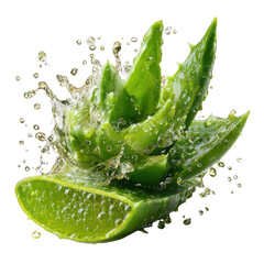 Aloe Vera Plant Slices Splashing in Water Droplets graphic design isolated on a transparent background