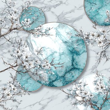 Marble Textured Circular Motifs with White Floral Branches - Elegant Natural Design for Interior Decoration, Wallpaper, and Textile Printing