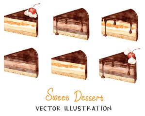 Watercolor Chocolate Cake Slice Vector Collection