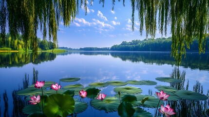 A calm reflective lake with blooming lotus flowers, bordered by hanging willow trees