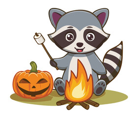 Obraz premium Raccoon Roasting Marshmallows Over a Campfire with Pumpkins, Enjoying an Autumn Evening