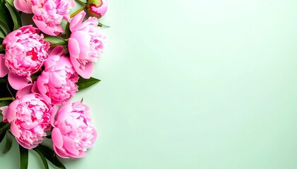Delicate pink peonies on mint green background