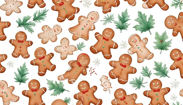 Christmas-themed seamless pattern of gingerbread men in watercolor, showcasing a textured background for holiday designs