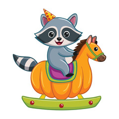  Cheerful raccoon character riding a pumpkin horse, a whimsical and fun Halloween adventure