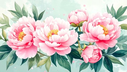 Delicate pink peonies on a light teal background