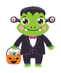 Adorable Frankenstein monster with a candy basket, perfect for a cheerful Halloween design