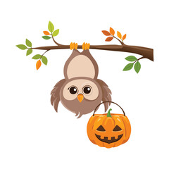 Adorable sloth character hanging from a tree branch, holding a festive Halloween pumpkin