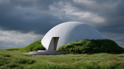 Obraz premium Dome-shaped building on grassy landscape under cloudy sky