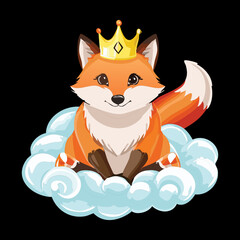 Adorable fox character with a golden crown, sitting on a fluffy cloud, a whimsical design