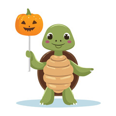Cheerful turtle character holding a cute pumpkin lollipop, celebrating the sweet and spooky Halloween season