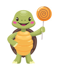 Smiling turtle character holding a candy lollipop, ready for a fun and sweet Halloween celebration