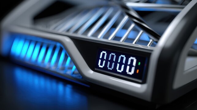 Futuristic digital device with blue lighting and display