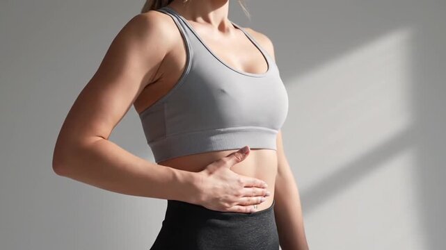 A woman in a gray sports bra and black leggings stands against a white wall with sunlight patterns