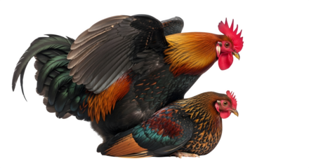 Vibrant rooster and hen pair in a close intimate pose against