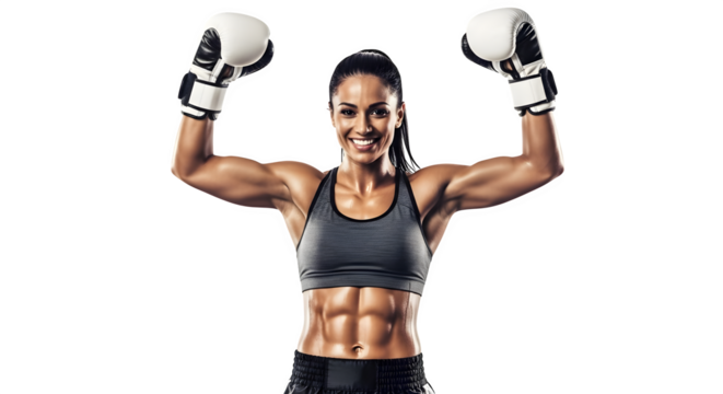 Strong female boxer with white gloves celebrating victory