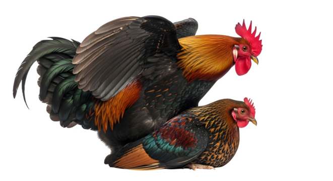 Vibrant rooster and hen pair in a close intimate pose against