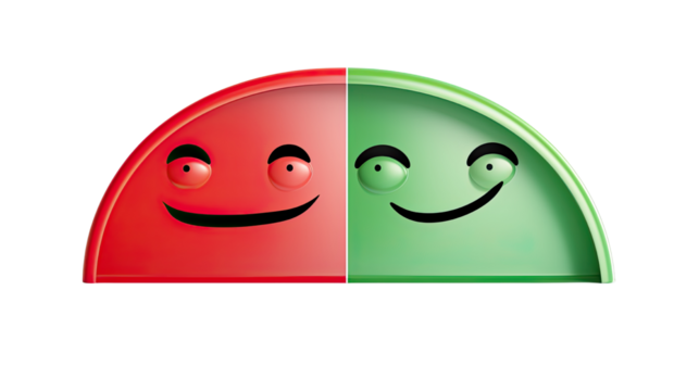 half round scale from unhappy red face to green happy face on white background